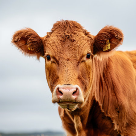 This close-up image showcases a brown cow with big, expressive eyes, highlighting the charm and beauty of farm life amidst a lush green pasture under a clear sky.の素材