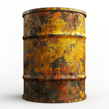 A weathered and rusty metal barrel showcasing vibrant yellow and orange textures. Ideal for themes of industry, decay, and environmental awareness in visual projects.の素材