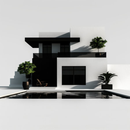 A stunning modern minimalist house featuring a sleek architectural design, surrounded by tropical plants and a reflecting pool, creating a tranquil outdoor space.の素材