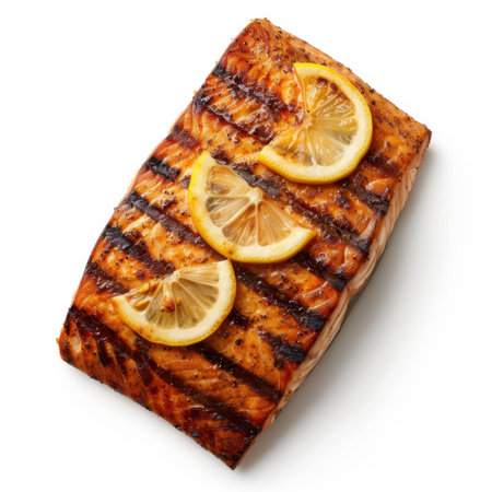 Delicious grilled salmon fillet garnished with fresh lemon slices, presented on a clean white background, perfect for food photography or healthy eating lifestyles.の素材