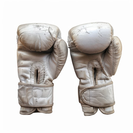 A pair of worn white boxing gloves, showcasing their rugged texture and aged appearance. Perfect for representing sports, fitness, and combat training concepts.の素材