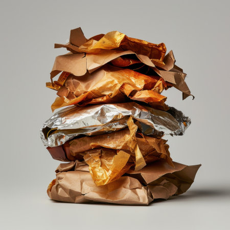 A visually striking image of stacked crumpled food wrappers and takeout containers highlights the issues of waste management and environmental impact.の素材