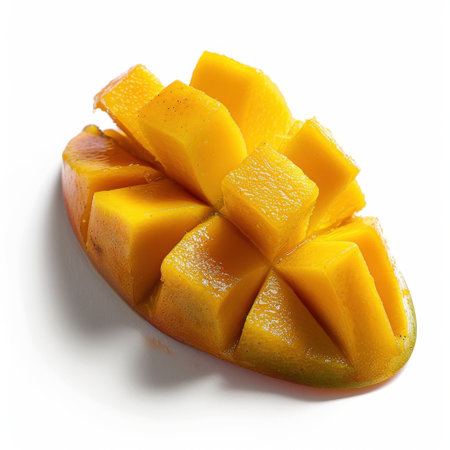 Experience the vibrant allure of freshly cut ripe mango slices, showcasing their juicy texture and tropical flavor. Perfect for enhancing dishes or enjoying alone.の素材