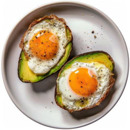 Enjoy a delightful combination of baked avocado halves filled with eggs, seasoned to perfection, ideal for a nutritious breakfast experience at home.の素材