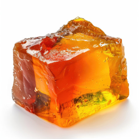 This captivating image features a glossy cube of colorful jelly dessert, showcasing vibrant orange and red hues. The studio lighting highlights its glistening texture and appetizing appeal.の素材