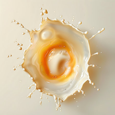 Captivating image of a dynamic liquid splash capturing droplets in natural light. This artwork showcases beauty and motion with a creamy backdrop. Perfect for diverse creative projects.の素材
