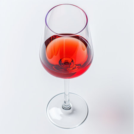 This image features an elegant wine glass filled with rich red wine, highlighting its vivid color against a clean white background, perfect for beverage presentation.の素材