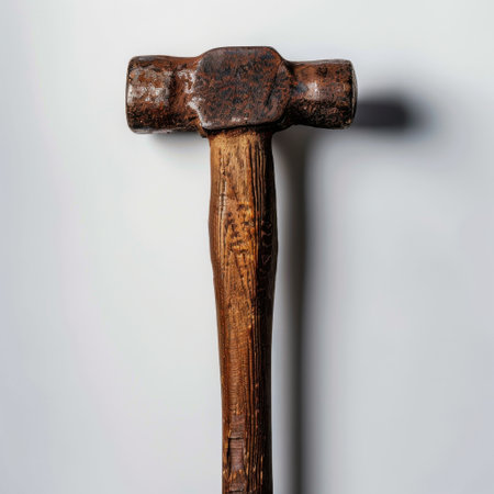 A vintage wooden hammer with a worn head, perfect for construction or DIY projects. It showcases a rustic design and sturdy craftsmanship for diverse applications.の素材