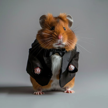 A charming hamster in a sophisticated outfit wears a tuxedo jacket and bow tie. This adorable creature exudes personality and joy against a minimalist gray backdrop.の素材
