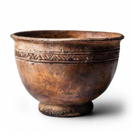 This ancient terracotta pot showcases intricate patterns and an organic finish, representing timeless craftsmanship and cultural heritage in earthy tones and textures.の素材