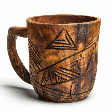This handcrafted wooden mug features intricate geometric patterns, making it a perfect addition to rustic kitchen decor or a unique gift for any occasion.の素材