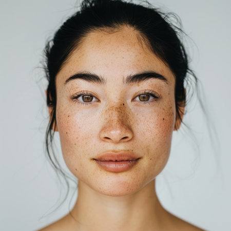 A captivating close-up portrait of a young woman showcasing her natural beauty with freckles and soft makeup. Highlights her expressive eyes against a neutral background.の素材