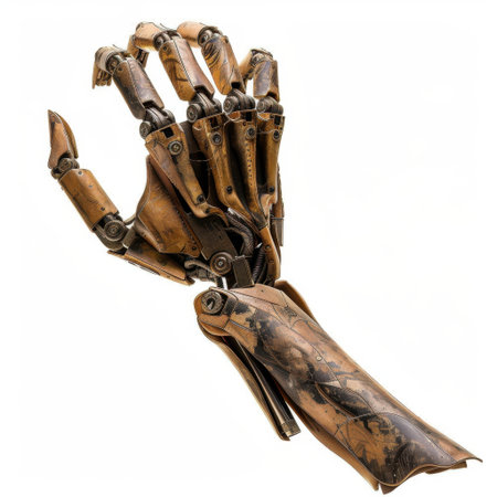 This artwork features a stunning mechanical hand composed of intricate metal parts, showcasing industrial design. Ideal for projects focused on technology and innovation.の素材