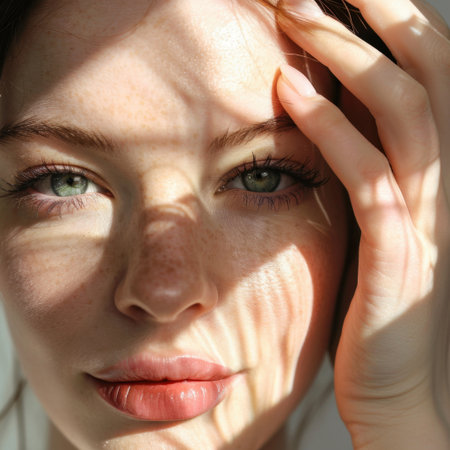 A captivating close-up portrait of a young woman showcasing her striking green eyes and subtle freckles. Soft lighting creates an enchanting atmosphere.の素材