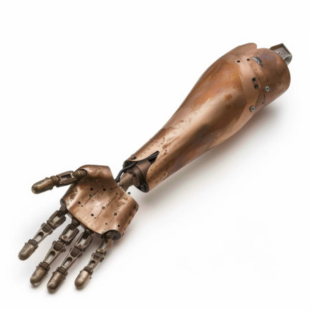 This image features a vintage mechanical prosthetic hand showcasing intricate details and a steampunk aesthetic. Its design emphasizes functionality and artistry.の素材