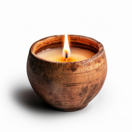 This image features a rustic candle in a clay pot, showcasing a vibrant flame against a simple white backdrop. Perfect for creating a relaxing and warm atmosphere.の素材