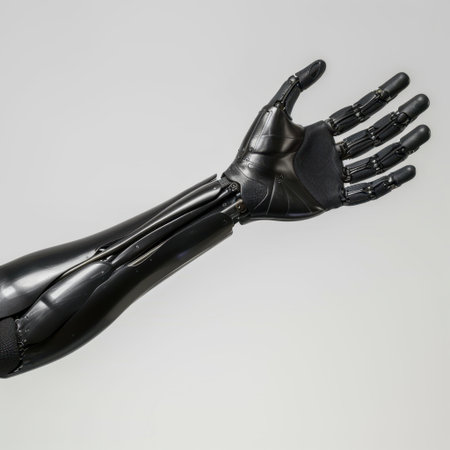 This image showcases a futuristic robotic hand, emphasizing its flexibility and intricate finger mechanisms ideal for advanced prosthetic applications.の素材