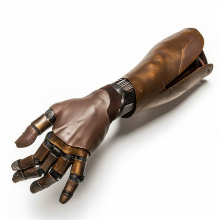 This image showcases a detailed and realistic prosthetic hand, highlighting its intricate mechanical components and design, emphasizing innovation in assistive technology.の素材