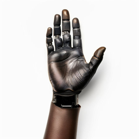 A detailed, lifelike prosthetic hand with advanced technology, showcasing its design and functionality. Ideal for concepts of rehabilitation and human enhancement.の素材