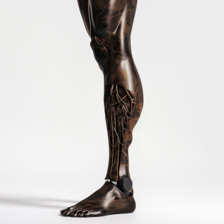 A hyper-realistic portrayal of a robotic leg and foot, highlighting intricate mechanical details and a modern design, perfect for technology and innovation themes.の素材