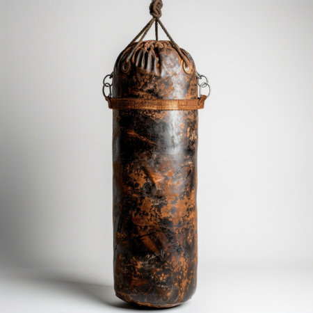 A vintage leather heavy bag featuring a rustic design, suitable for various training activities. Ideal for boxing, kickboxing, and fitness enthusiasts.の素材
