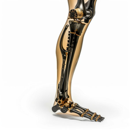 This image features a high-detail close-up of a robotic prosthetic leg, illustrating the intricate mechanical components and advanced technology designed for enhanced mobility and patient accessibility.の素材