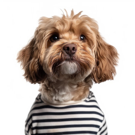 A charming brown dog with curly fur wears a striped shirt, exuding playful energy and curiosity. Perfect for showcasing a delightful pet personality in photography.の素材
