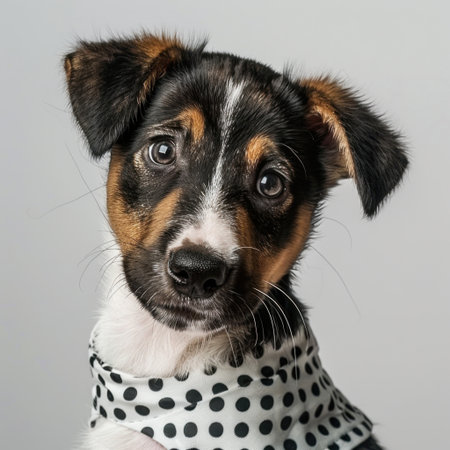 A charming young puppy with unique fur patterns is depicted wearing a fashionable polka dot bandana. Its curious expression exudes playfulness and innocence.の素材