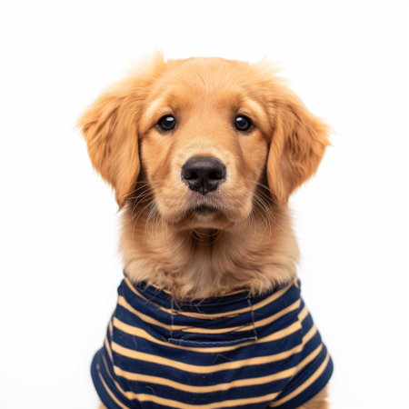 A young golden retriever puppy with expressive eyes poses in a striped shirt, showcasing its adorable features and playful spirit in a captivating studio shot.の素材