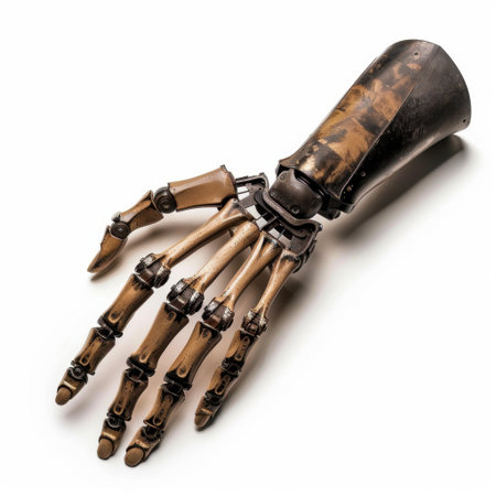 This image features a robotic prosthetic hand, highlighting detailed mechanical features and advanced technology designed for rehabilitation and innovation in healthcare.の素材