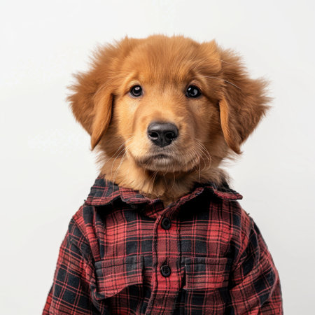 This charming golden retriever puppy wears a cozy red and black plaid shirt, exuding warmth and innocence. A perfect portrayal of canine joy and companionship.の素材