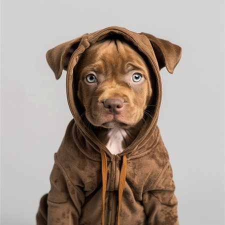 This charming brown puppy wearing a cozy hoodie showcases an adorable expression with captivating blue eyes, embodying playfulness and warmth in a stylish portrait.の素材