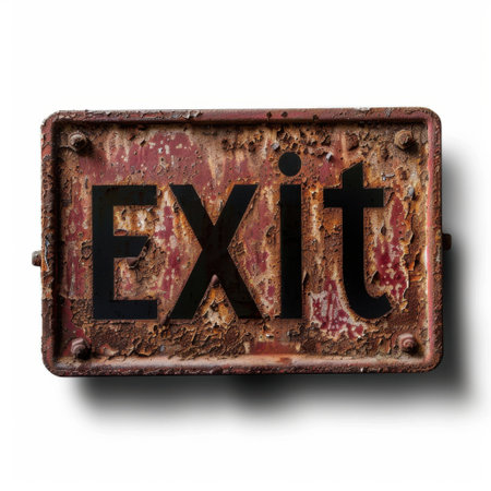 A vintage exit sign featuring a rusty, distressed surface with a black font. Ideal for adding a touch of nostalgia and uniqueness to various design projects.の素材