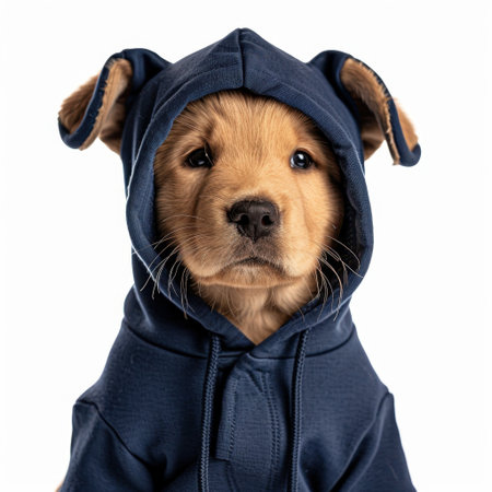 This charming puppy in a navy hoodie captures hearts with its innocent expression and playful demeanor, perfect for pet lovers and heartwarming content.の素材