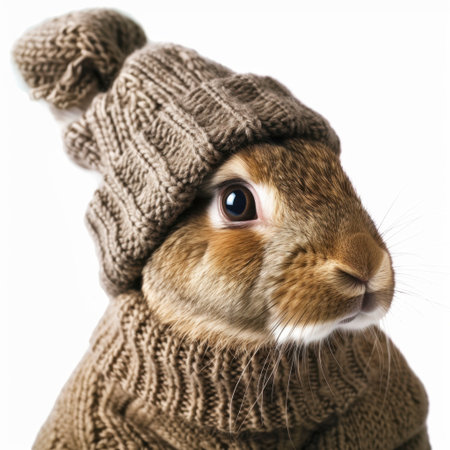 This delightful image captures an adorable brown rabbit dressed in a cozy knitted hat and scarf, radiating warmth and charm, ideal for winter-themed projects.の素材