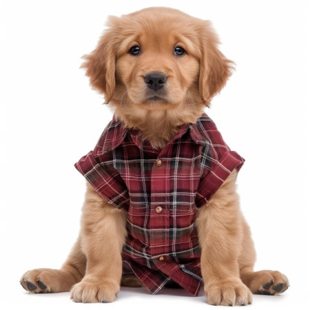 This charming golden retriever puppy showcases its cuteness while wearing a red plaid shirt. Ideal for adding playful personality to any pet-themed project.の素材