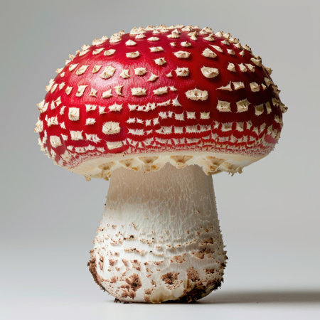 This close-up image showcases a striking red mushroom with white spots, ideal for nature enthusiasts, culinary designs, and educational purposes.の素材