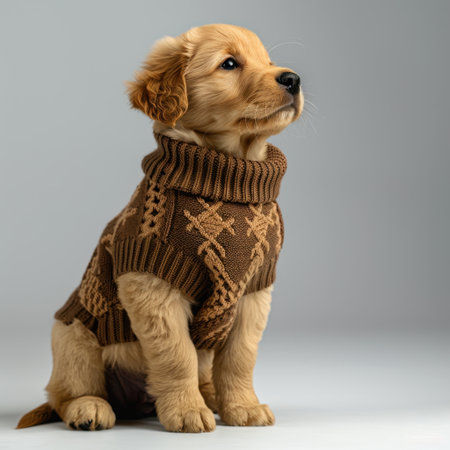 This charming golden retriever puppy in a stylish brown sweater captures the essence of cuteness and warmth, making it an ideal image for pet lovers and marketing.の素材