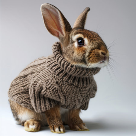 A charming brown rabbit in a knitted sweater exudes warmth and cuteness, making it perfect for animal lovers and seasonal-themed content.の素材