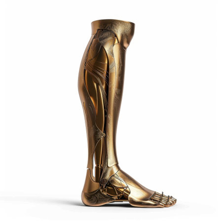 This image shows a futuristic prosthetic leg with a sleek golden design, highlighting advancements in biomechanics, mobility, and health technology for improved quality of life.の素材