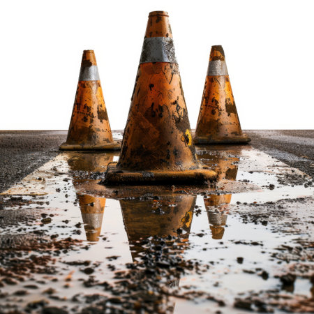 This image features three weathered traffic cones reflecting in a puddle on a grimy asphalt surface, isolated against a white background, ideal for urban safety themes.の素材