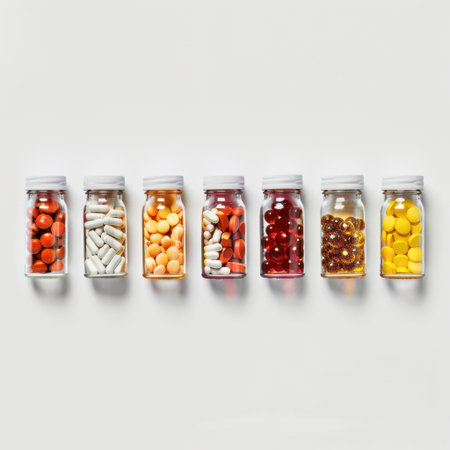 A neat arrangement of various bottles containing colorful pills, capsules, and supplements on a white background, perfect for health and wellness content or pharmacy themes.の素材