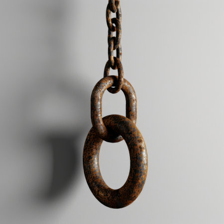 A close-up of a rusty metal chain link with a circular ring, showcasing intricate details and textures against a clean gray background, perfect for industrial themes.の素材