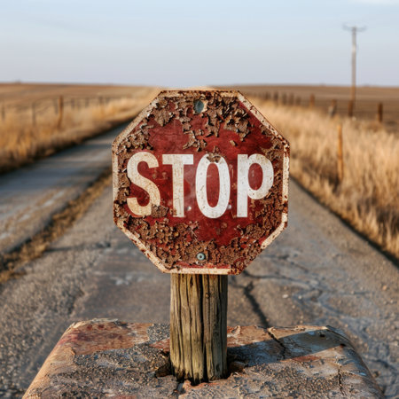 A close-up of a weathered stop sign stands on a dry country road, surrounded by golden grass, illustrating the balance between rural beauty and traffic awareness.の素材