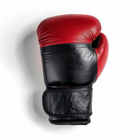 This image features a single boxing glove in striking red and black colors, perfect for illustrating fitness, training, and sports themes in various creative projects.の素材