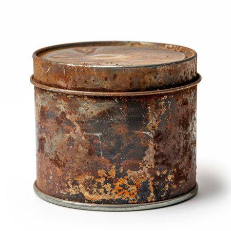 This image features a round, aged metal canister with a rusty texture and a weathered patina, perfect for vintage-themed projects and creative designs.の素材