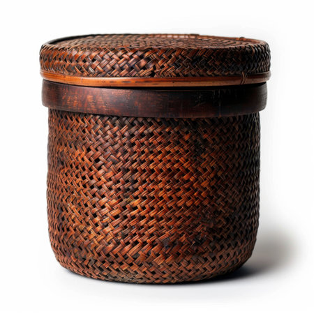 Explore this handcrafted woven basket, featuring a beautiful lid and an artisan design. Ideal for storage or rustic decor, it adds a unique touch to any space.の素材