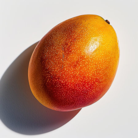 This stunning image showcases a ripe mango featuring vibrant hues of orange, yellow, and red, set against a clean white background, highlighting its texture and appeal.の素材