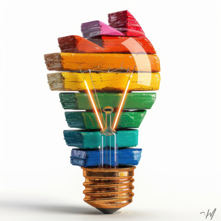 This striking image features a sculpture made from colorful wooden blocks arranged to form a light bulb, symbolizing creativity and innovative thinking in art and design.の素材