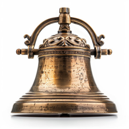 A beautifully crafted vintage copper bell showcasing intricate designs and a polished surface. This elegant piece serves as a stunning decorative item in any setting.の素材